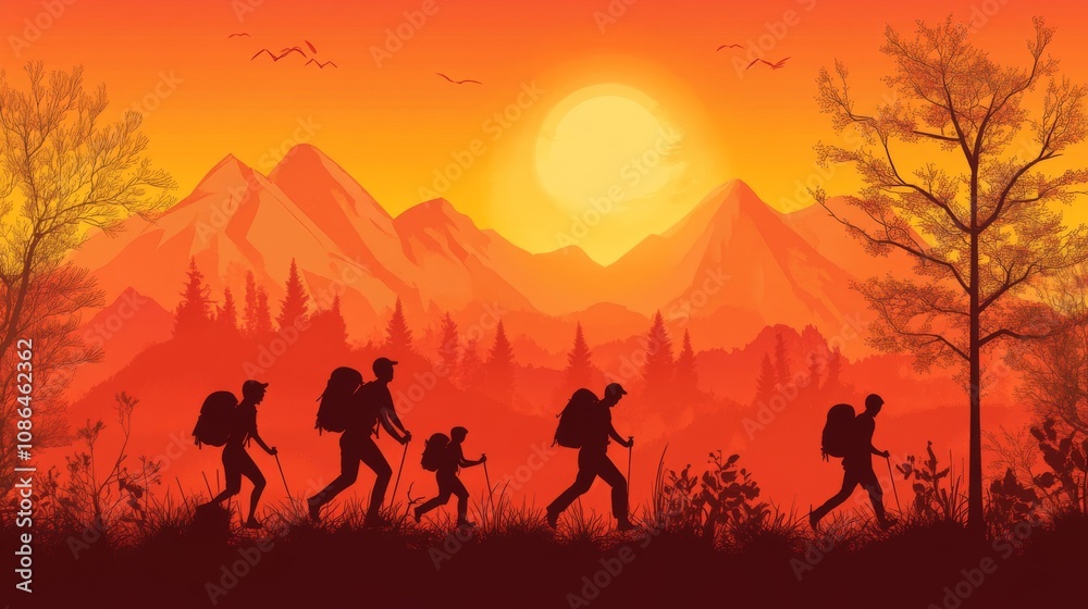 Silhouette of Hikers in Scenic Mountain Landscape During Vibrant Sunset with Colorful Skies and Majestic Peaks in Background, Ideal for Adventure Themes Silhouette of Hikers in Scenic Mountain Landscape During Vibrant Sunset with Colorful Skies and Majestic Peaks in Background, Ideal for Adventure Themes