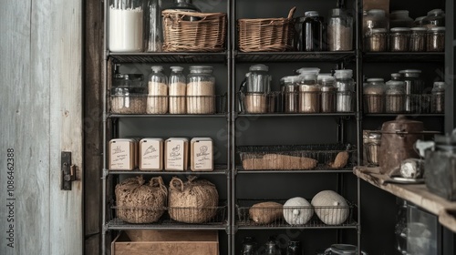 Wallpaper Mural Industrial-style stock cupboard, metal shelves, labeled containers, wire baskets, functional and minimalist  Torontodigital.ca