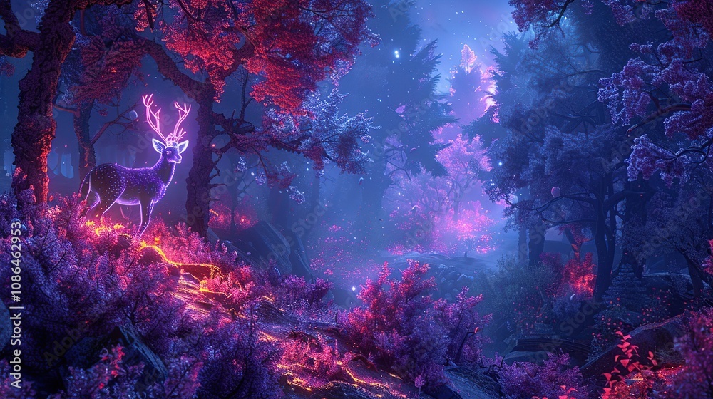 Fototapeta premium Radiant Neon Deer Illuminate the Darkness of a Mystical Forest Scene