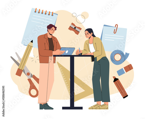 People with stationery. Man and woman in office working on common project. Scissors, pencil, eraser and sharpener. Colleagues with school supplies. Flat vector illustration
