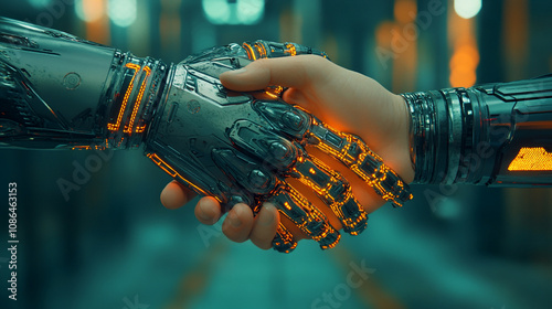 A robotic arm and a human hand shake in a futuristic environment filled with glowing elements