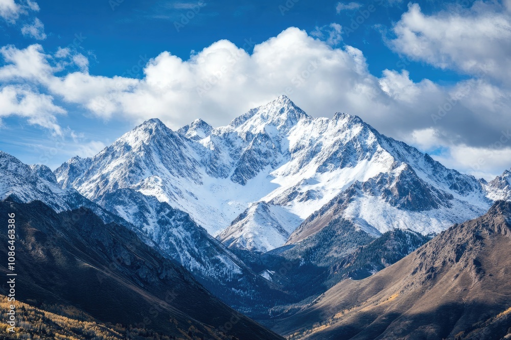 Majestic Snow-Capped Mountain Range Under a Cloudy Sky Majestic Snow-Capped Mountain Range Under a Cloudy Sky