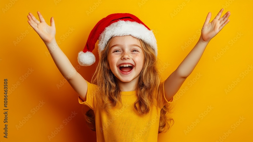 A joyful young girl with fair skin and freckles, wearing a Santa hat A joyful young girl with fair skin and freckles, wearing a Santa hat