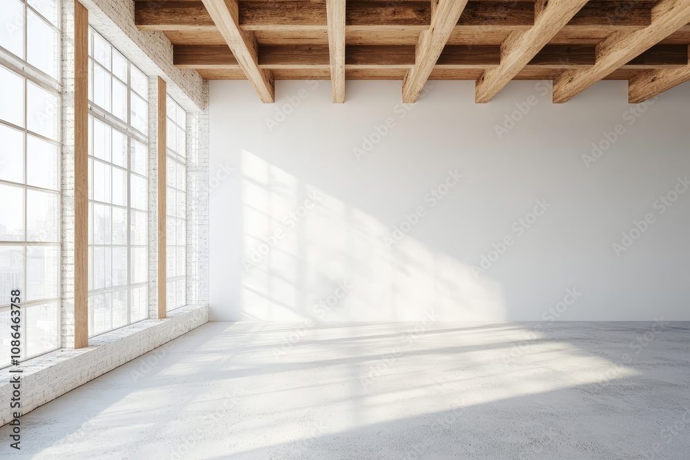 Obraz premium A spacious, modern loft with large windows, exposed wooden beams, and a white wall.