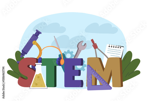 Stem object poster. Science, technology, engineering, and mathematics. Education and learning, training. Large microscope, wrench and flask with reagent. Flat vector illustration