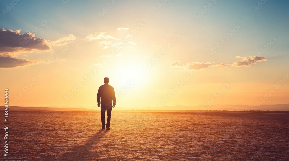 Man standing alone in a desert during a breathtaking sunset. Man standing alone in a desert during a breathtaking sunset.