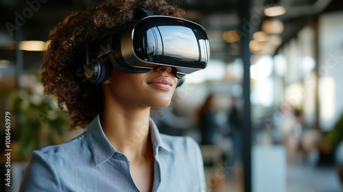 A woman explores virtual reality while wearing a headset in a modern workspace