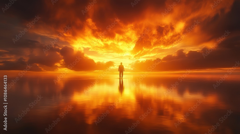Silhouette of a person standing in a fiery sunset reflection Silhouette of a person standing in a fiery sunset reflection