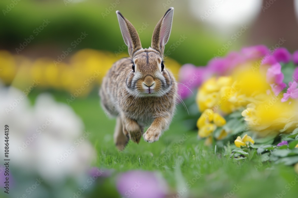 Rabbit hopping through a garden full of blooming flowers, motion blur highlighting its quick, nimble movement, nature, pet, spring, cute, soft. Rabbit hopping through a garden full of blooming flowers, motion blur highlighting its quick, nimble movement, nature, pet, spring, cute, soft.