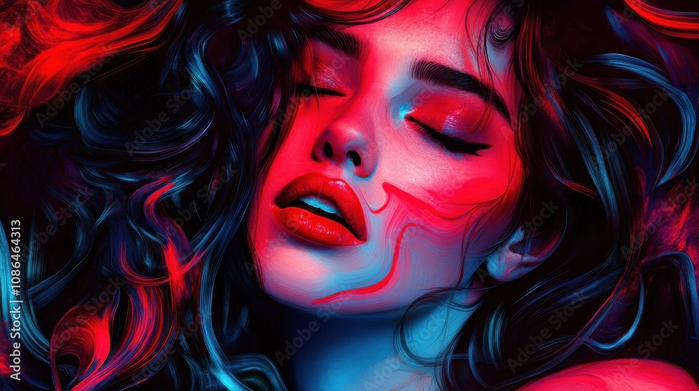 Abstract artistic portrait of a woman with red and blue digital art effects. Abstract artistic portrait of a woman with red and blue digital art effects.