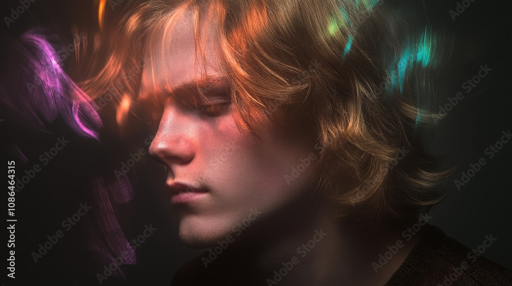 Profile portrait of a young man with artistic light reflections. Profile portrait of a young man with artistic light reflections.