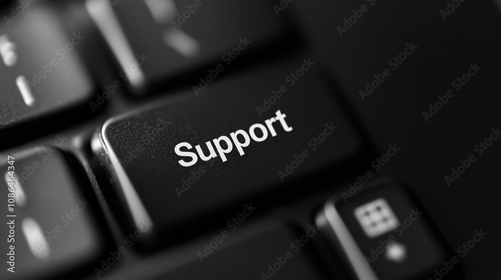 Close-up of a computer keyboard featuring the support key in a modern workspace setting Close-up of a computer keyboard featuring the support key in a modern workspace setting