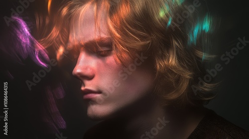 Profile portrait of a young man with artistic light reflections.