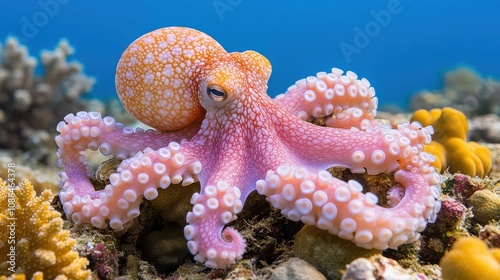 An elegant octopus gracefully entwines its tentacles amidst a vibrant seascape teeming with life. photo