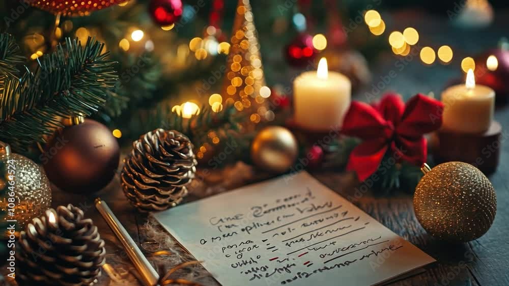 New Year resolution list written on paper, surrounded by festive decorations.