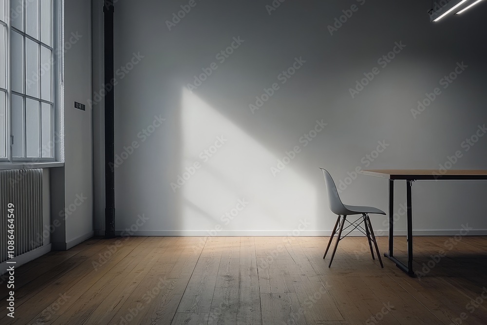 Fototapeta premium Minimalist office interior with a single chair and table, a large window, and sunlight streaming through.