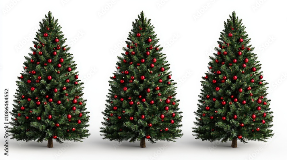 Three Decorated Christmas Trees Holiday Season Festive Decorations Red Ornaments Winter Wonderland Three Decorated Christmas Trees Holiday Season Festive Decorations Red Ornaments Winter Wonderland