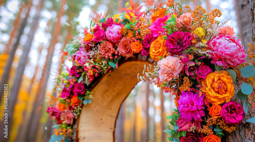 vibrant floral arch adorned with colorful roses and peonies creates stunning backdrop in serene forest setting. rich hues of pink, orange, and purple evoke joyful atmosphere, perfect for