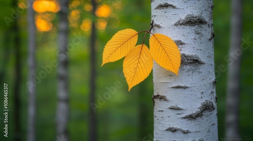 A close-up view of vibrant yellow leaves on a white birch tree, surrounded by lush green foliage, capturing the essence of nature in autumn.