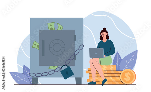 Woman near storage bank. Woman with laptop sitting on stack of coins near safe. Wealth and finance, security. Storage for money. Flat vector illustration isolated on white background