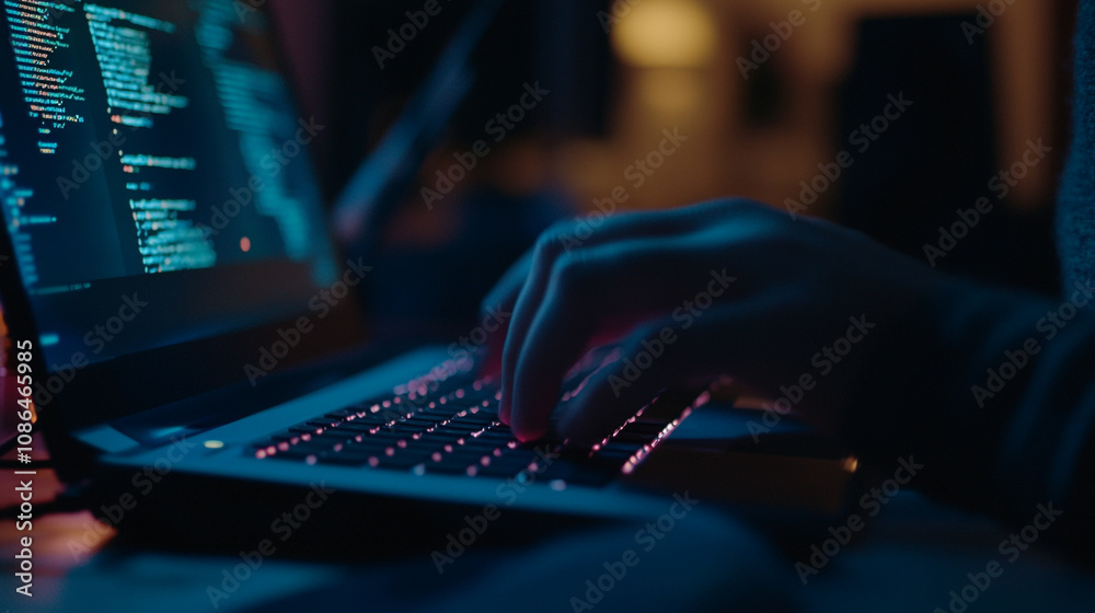 Person working late at night on laptop with coding screen illuminated in low light setting Person working late at night on laptop with coding screen illuminated in low light setting