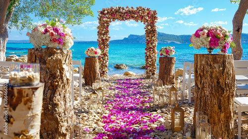 beautiful beach wedding ceremony setup featuring arch adorned with flowers, surrounded by natural elements and stunning ocean view. scene evokes romance and tranquility