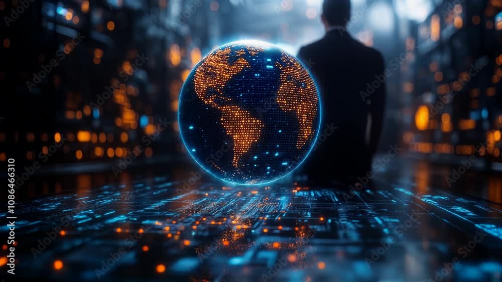 Businessman standing in front of a digital Earth hologram with binary code, surrounded by a global network and data transfer concept on a virtual screen. Businessman standing in front of a digital Earth hologram with binary code, surrounded by a global network and data transfer concept on a virtual screen.