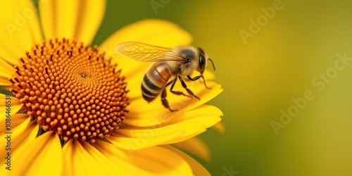 bee collecting pollen on a yellow flower, outdoor, warm light