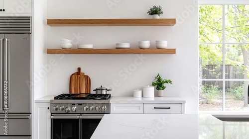 Modern kitchen with sleek appliances and marble countertops, open shelves with stylish cookware, natural light from a large window, neutral tones, clean and organized design