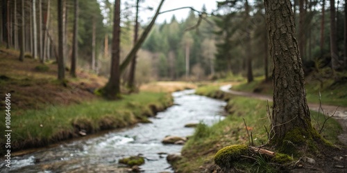 Blurred forest with a winding stream running through it, natural beauty, calmness, tranquility, water, stream