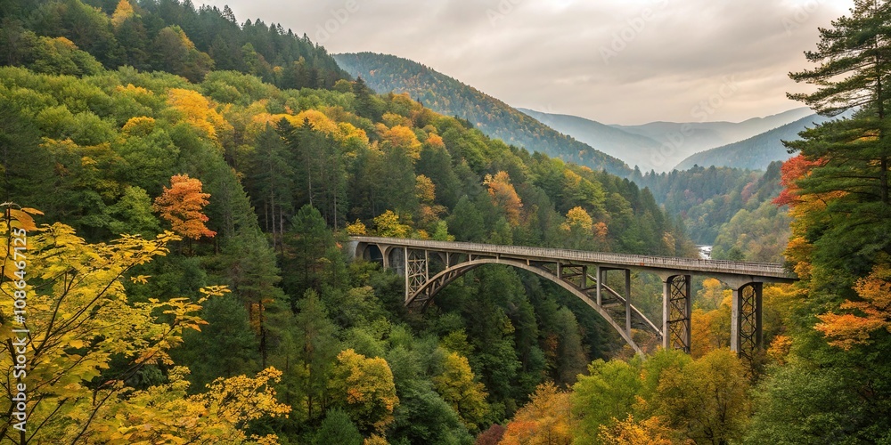 Bridge spanning a valley surrounded by towering trees with lush green foliage and vibrant autumn colors, autumn leaves, countryside landscape, many trees, scenic valley Bridge spanning a valley surrounded by towering trees with lush green foliage and vibrant autumn colors, autumn leaves, countryside landscape, many trees, scenic valley