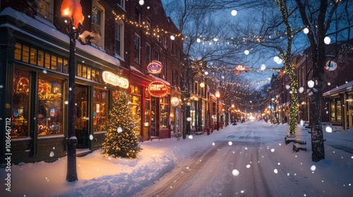 Old town winter scene with vintage street lights, snow-covered streets, and a cozy ambiance from illuminated windows