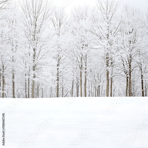 An artistic composition featuring a forest of snow-covered deciduous trees, their bare branches beautifully adorned with fresh snow. The image conveys a sense of winter tranquility, with the bright