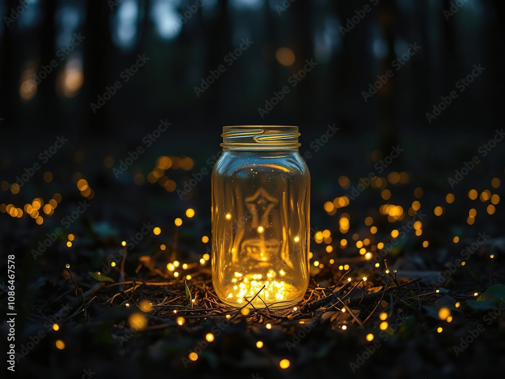 A jar with a lid slightly ajar, surrounded by a ring of fireflies on a forest floor at dusk, nature, fireflies A jar with a lid slightly ajar, surrounded by a ring of fireflies on a forest floor at dusk, nature, fireflies