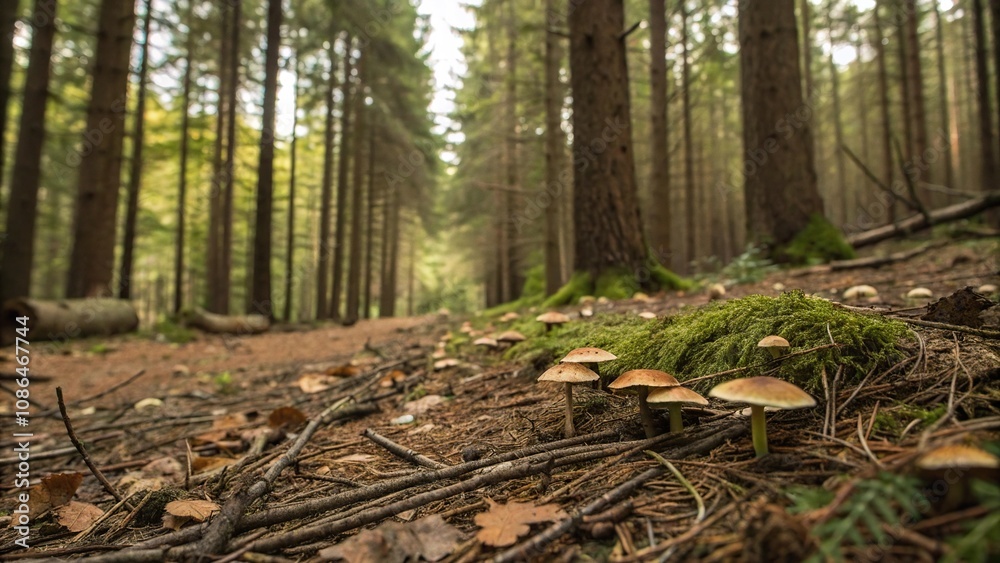 Forest floor with mushrooms and twigs, autumn foliage, forest floor, earthy scent, black background Forest floor with mushrooms and twigs, autumn foliage, forest floor, earthy scent, black background