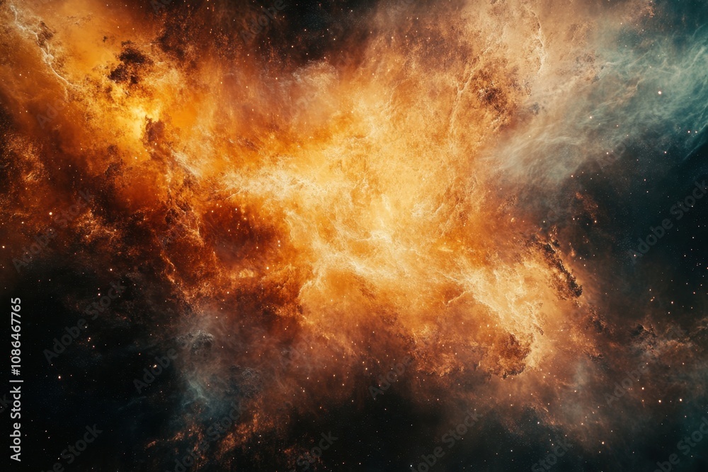 A fiery nebula with swirling orange and blue clouds in space. A fiery nebula with swirling orange and blue clouds in space.