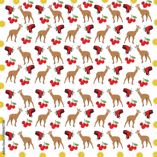 butterfly, alpaca with fruit as a pattern background