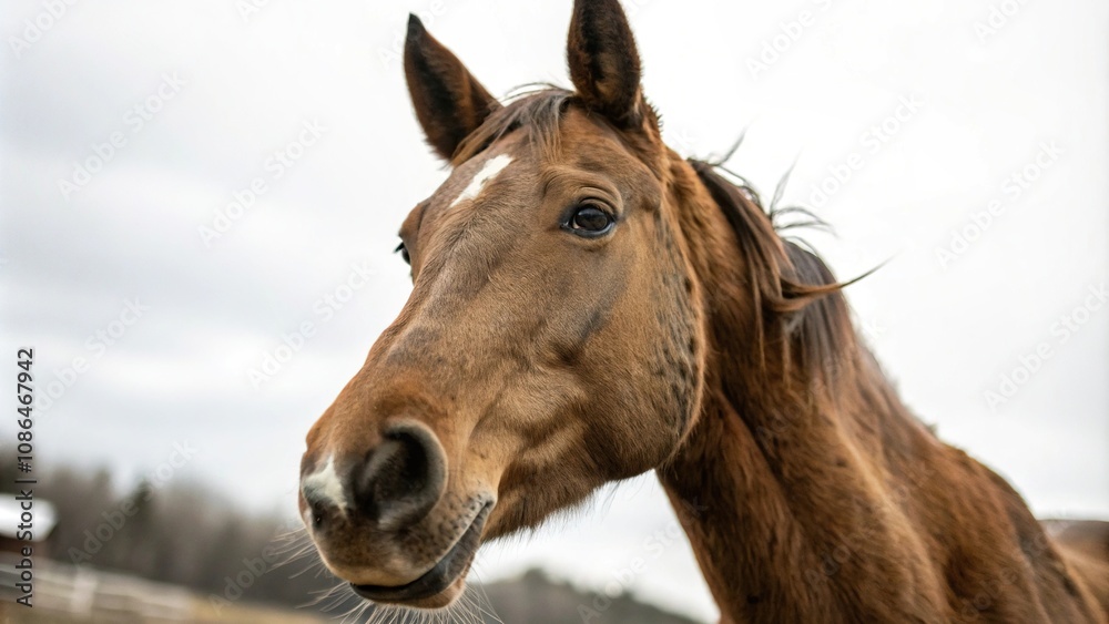 Obraz premium Close-up of a brown horse's face with a subtle expression looking straight ahead, calm, portrait, animal, facial expression, serene