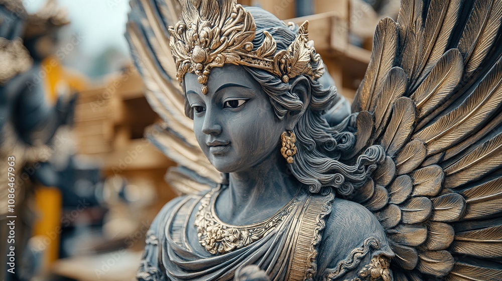 Obraz premium A detailed sculpture with wings, showcasing intricate craftsmanship and artistry.