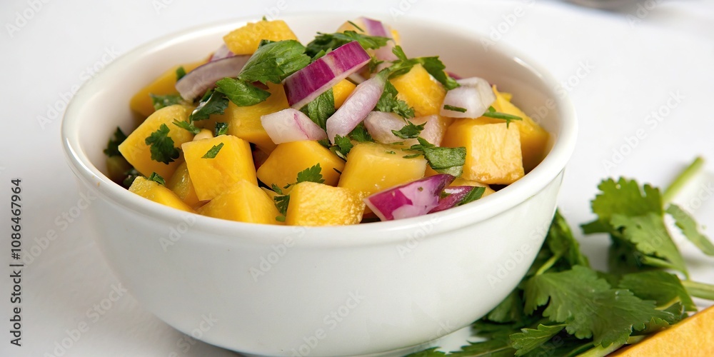 Fresh diced mango red onion and cilantro salad in a small white bowl, ingredients, fresh fruit, cilantro, small dish, simple salad Fresh diced mango red onion and cilantro salad in a small white bowl, ingredients, fresh fruit, cilantro, small dish, simple salad