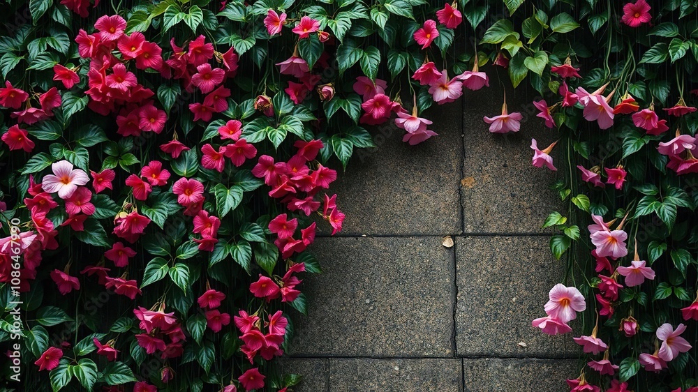 Rich vines and flowers in a rainy setting, verdant landscape, colorful flowers Rich vines and flowers in a rainy setting, verdant landscape, colorful flowers