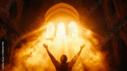 Devotion in Desolation: A man with his arms raised in worship, illuminated by the divine light of God's rays from above. Christian Prayer and Light Amid Darkness