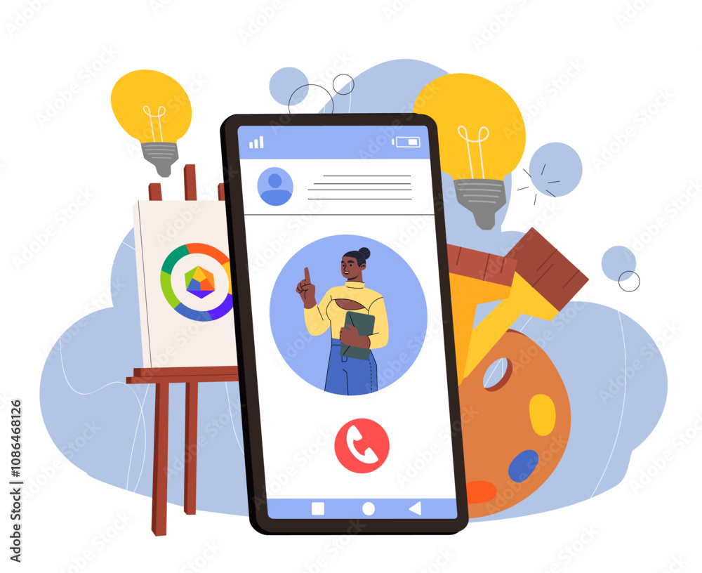 Woman studying art. Young girl near smartphone talks about arts. Canvas with drawing. Online workshop and tutorial, course on internet. Flat vector illustration isolated on white background