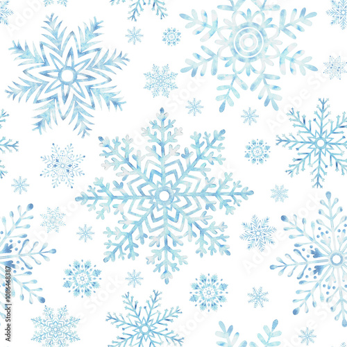 Blue snowflakes seamless pattern. Hand drawn watercolor illustration. Ice stars for Christmas or New Year design. Winter holiday snowing endless background. Template for wallpaper, wrapping, fabric.