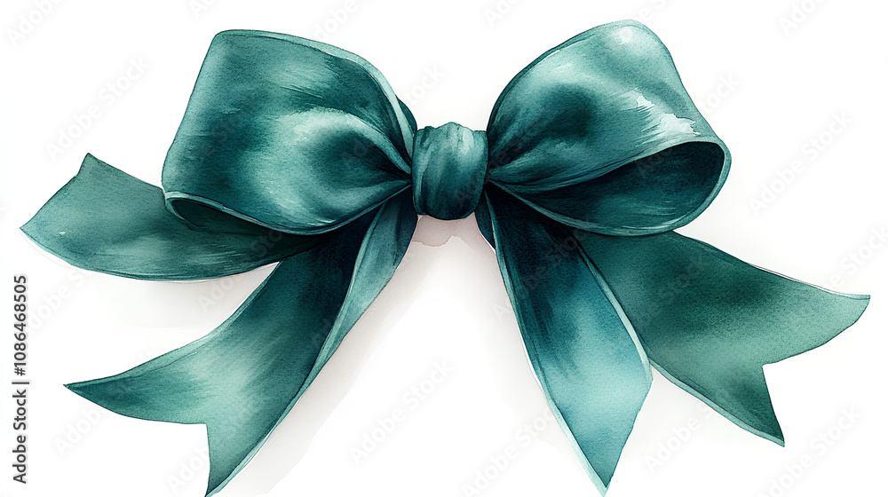 A watercolor illustration of a single elegant green velvet bow with soft, rich folds, on a bright white background A watercolor illustration of a single elegant green velvet bow with soft, rich folds, on a bright white background