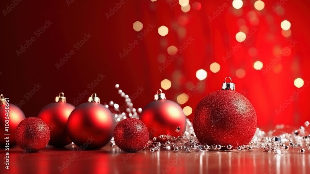 Red Christmas Ornaments on a Festive Background Red Christmas Ornaments on a Festive Background