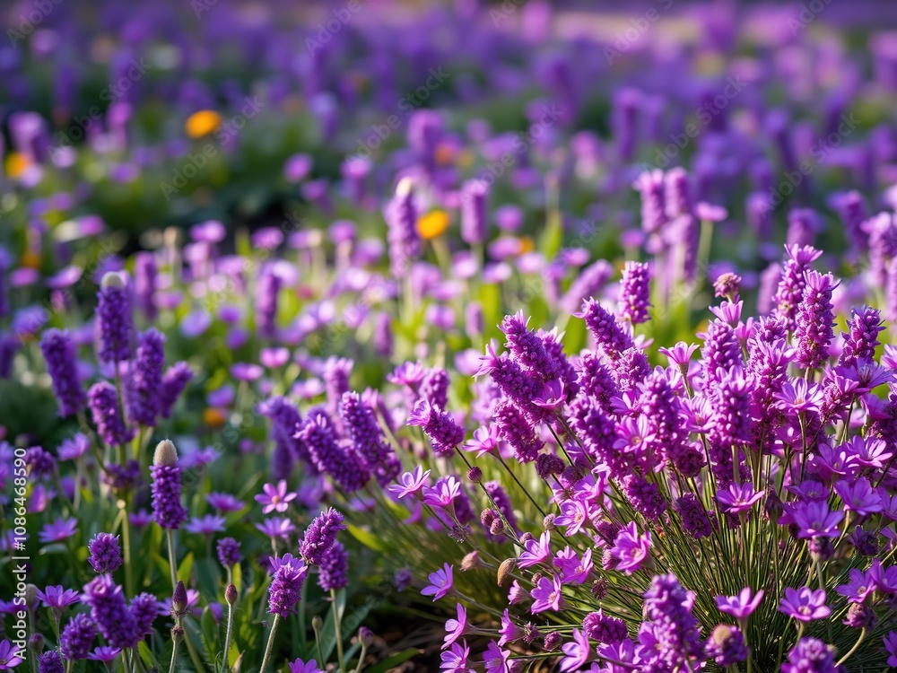 Obraz premium An explosion of vibrant purple flowers bursts forth from the earth in a lush and colorful field, floral, purple flowers