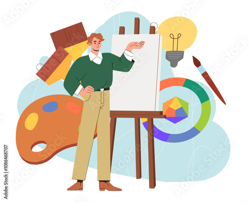 Man studying art. Young guy near canvas, brushes and palette of paints. Hobby and leisure. Artist in studio and workshop. Flat vector illustration isolated on white background