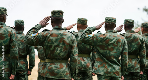 Congolese soldiers giving salute during ceremony military, glory and honor, dignified military uniform