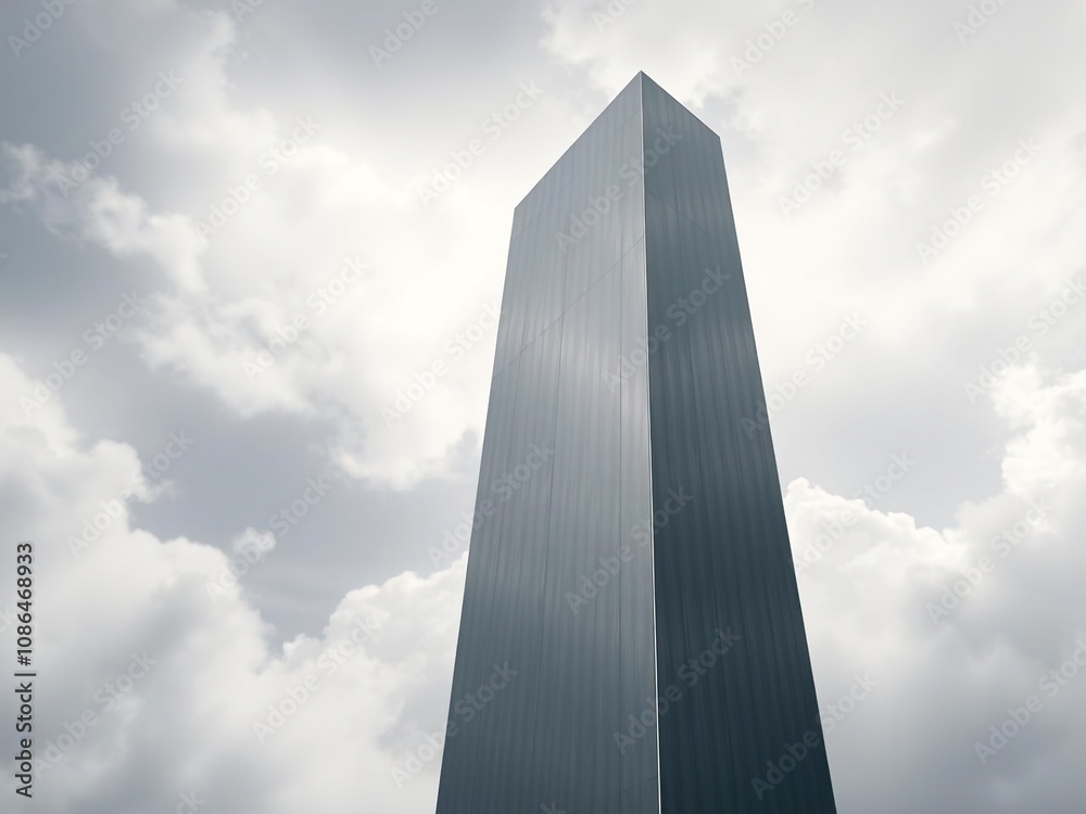Sleek metal monolith standing tall amidst a cloudy backdrop of gray and white hues, urbanism, architecture Sleek metal monolith standing tall amidst a cloudy backdrop of gray and white hues, urbanism, architecture
